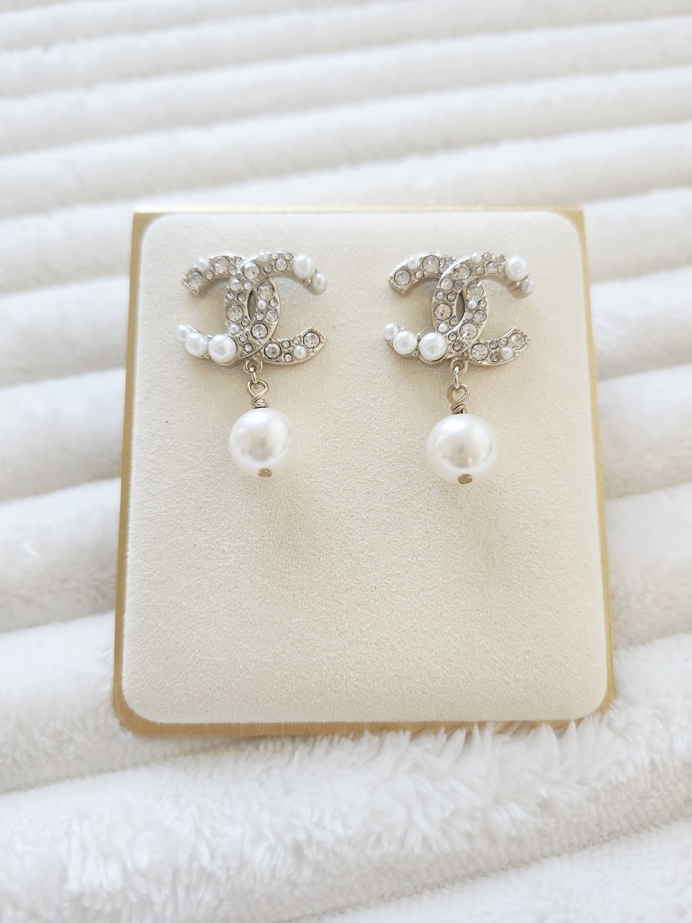 Authentic Chanel CC Logo Crystal Pearl Drop Earrings Silver Tone